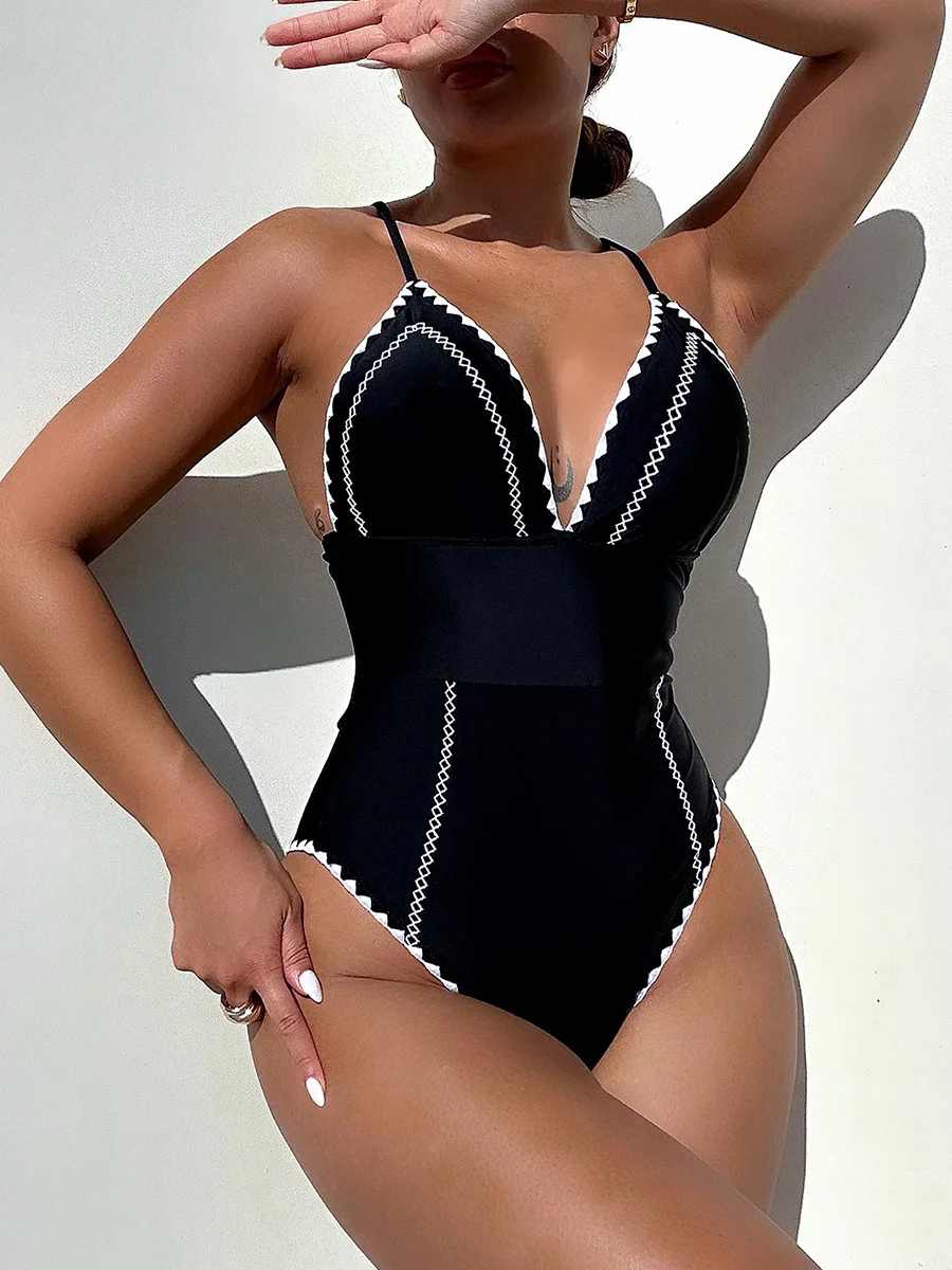 

2024 Sexy V Neck Backless Padded Women Swimwear One Piece Swimsuit Female High Leg Cut Monokini Bather Bathing Suit Swim Lady