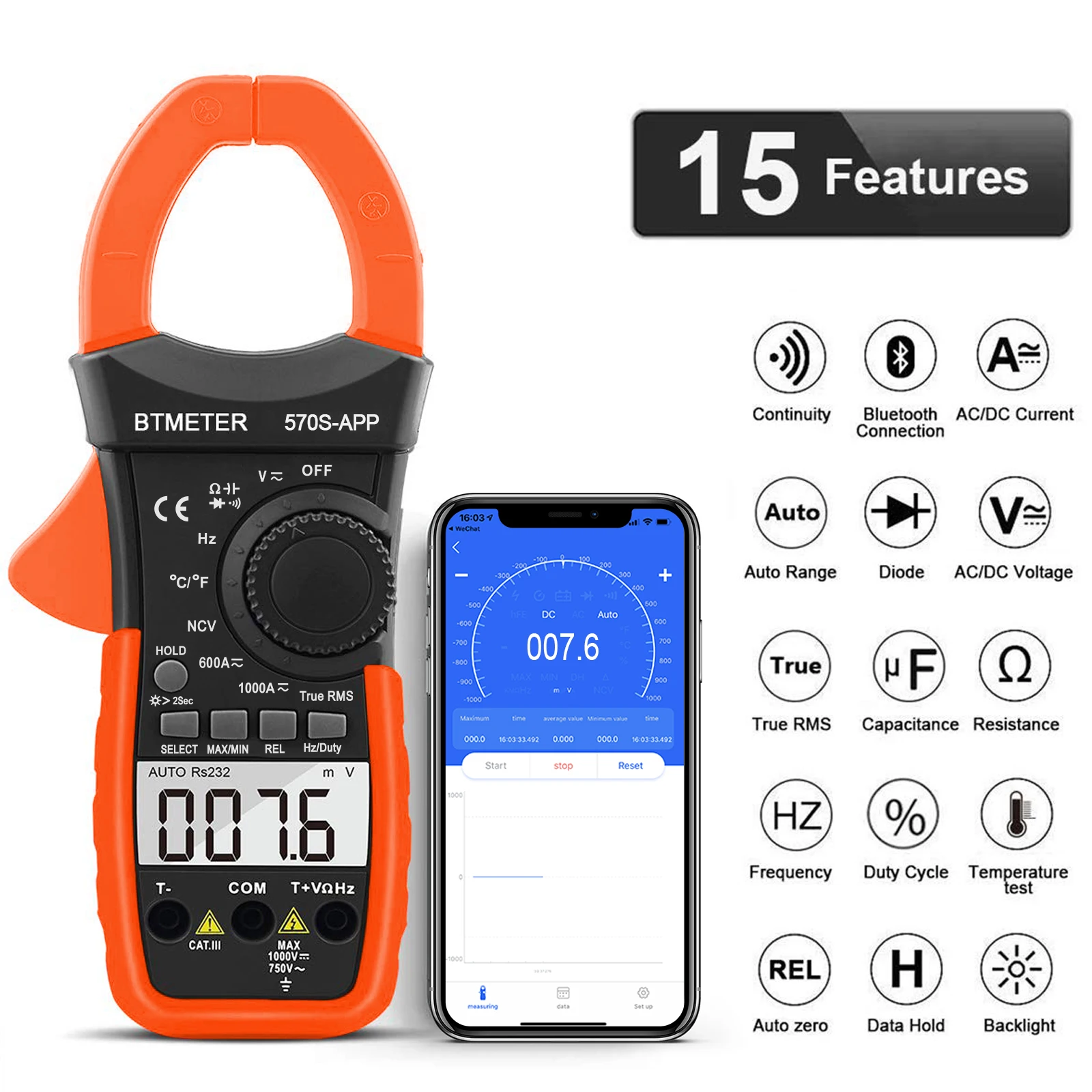 BT-570S-APP Digital AC/DC Volt Amp Clamp Meter,Wireless Bluetooth 1000A Meter for Voltage,Current,Ohm,Cap,Temperature Tester