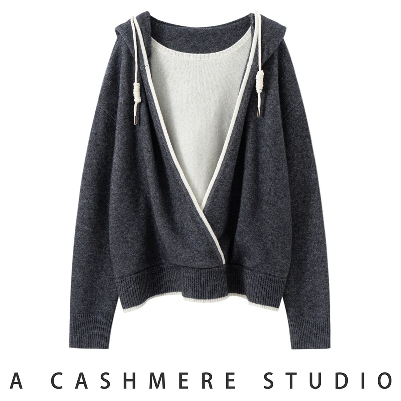 

100% Cashmere Sweater Women Hooded Contrasting Pullover Fake Two Items Cross Knitwear Autumn Winter Casual Loose Thicken Clothes