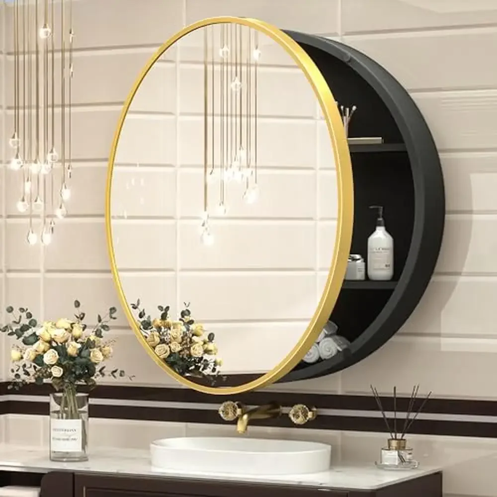 Botiquín redondo de 28 pulgadas para baño con espejo, montaje en superficie, solo mueble de baño con marco de Metal dorado y espejo, grande y moderno