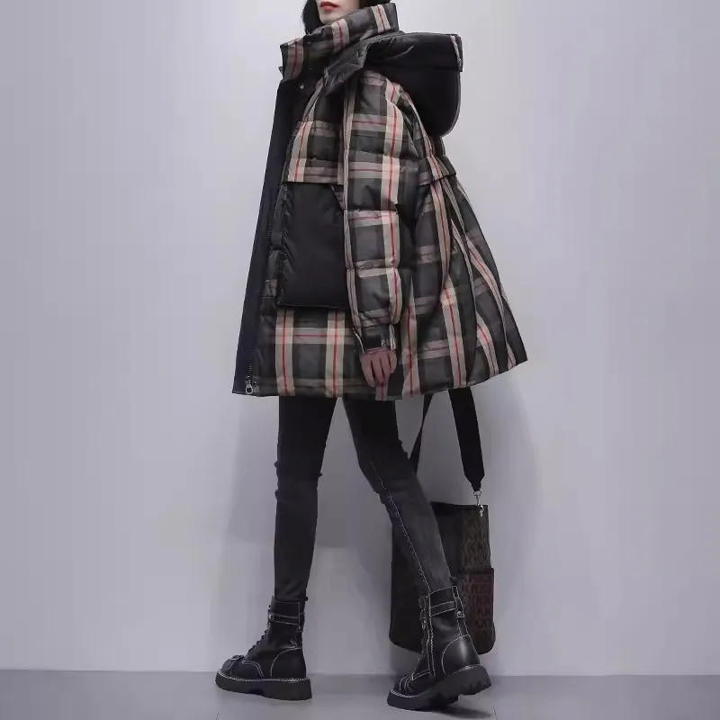 Plaid Splicing Down Jacket Women 2024 Winter New Korea Hooded Wide white duck Down Thicken Coat Warm Parkas Overcoat Female