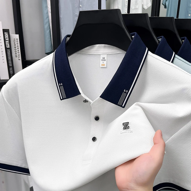 Luxury brand letter embossed short sleeve polo shirt men summer thin breathable casual T-shirt new trend color blocked lapel top