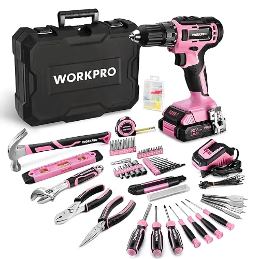 

20V Pink Cordless Drill Driver and Home Tool Set 141PCS Hand Tool Kit for DIY Home Maintenance 2.0 Ah Li-ion Battery 1 Hour Fas