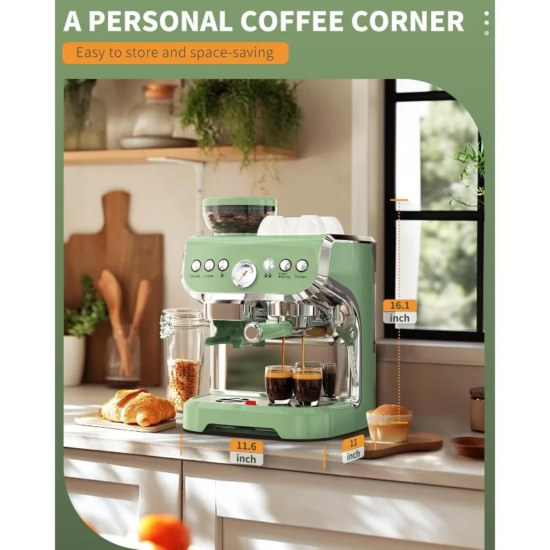 Máquina de café expreso con molinillo, máquina de café expreso de 15 bar con varita de vapor para leche y capuchino, máquina de café expreso casera verde