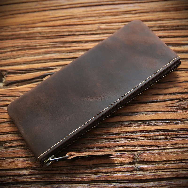 Genuine Leather Pen Bag Vintage Handmade Cowhide Zipper Long Pencil s Box Case Holder Children School Supplies Coin Purse