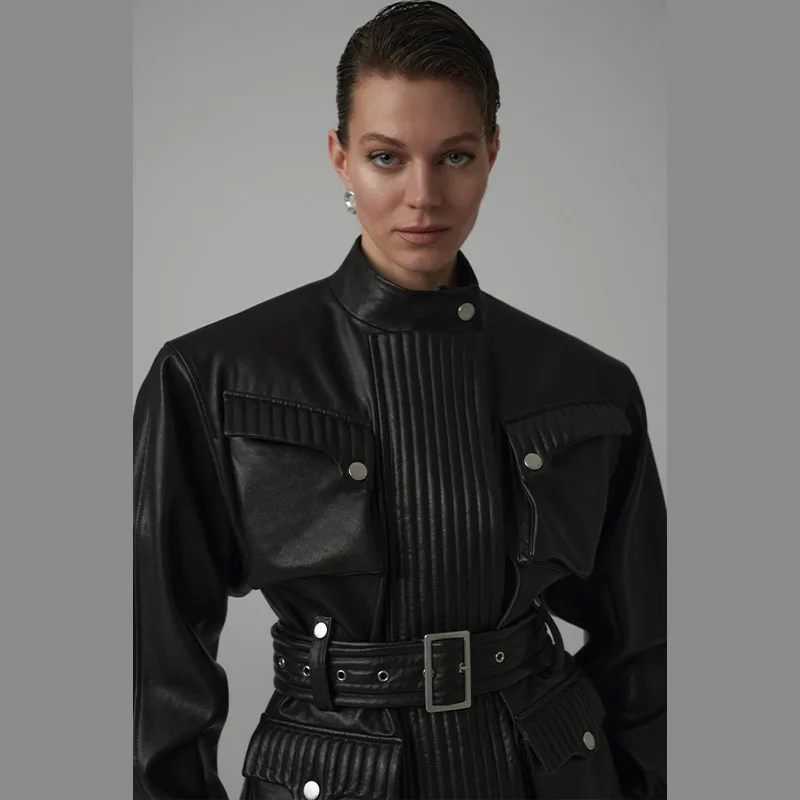 

Fashion Stand Collar Zipper Coat Brown Suede Jacket for Women Retro Waist-cinching Pockets Outwear 2025 New Vintage Streetwear