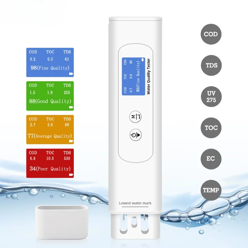 6 in 1 EC/TDS/COD/UV275/TOC/Temp Water Quality Tester Color Screen Display ppm Analyzer for Drinking Water Tap Hydroponics Lab