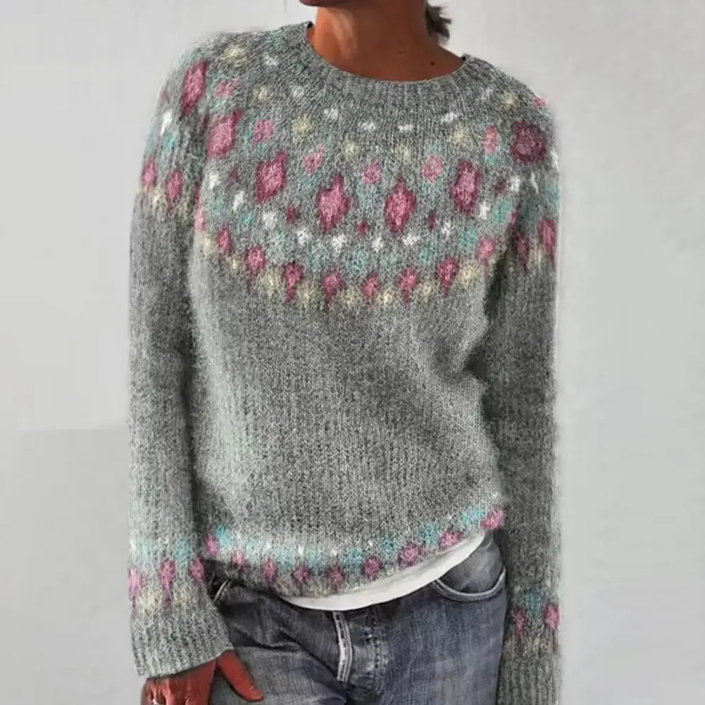 

Women Sweater Round Neck Long Sleeve Patchwork Color Knitting Tops Loose Fit Elastic Warm Knitwear Pullover Tops 여성 가을옷