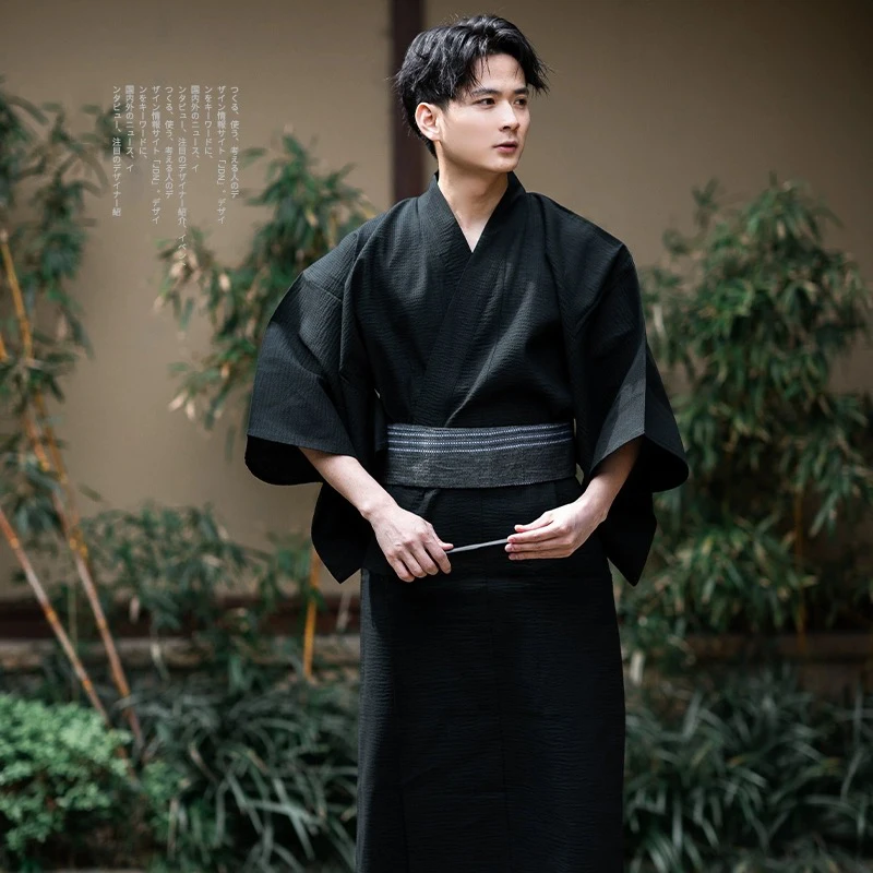 Japanese Traditional Samurai Kimono For Men Yukata Bathing Robe Hekoobi Loose Style Sauna Wear Homewear Belt Long Gown Cotton