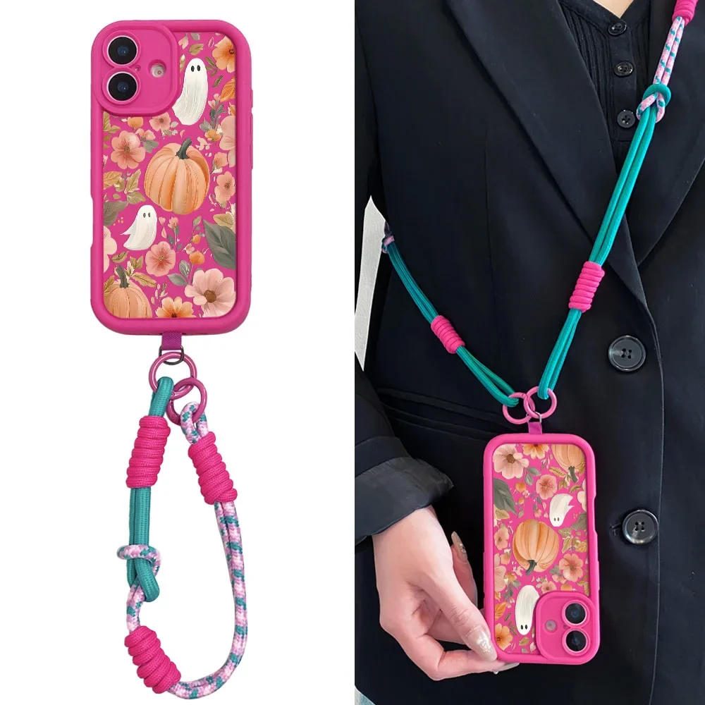 Cxd5 funda de teléfono con cordón de fantasma y flor de Halloween para IPhone 16 15 14 13 12 11 17 Pro MAX XS XR 7 8 Plus, funda de cuerda con correa cruzada