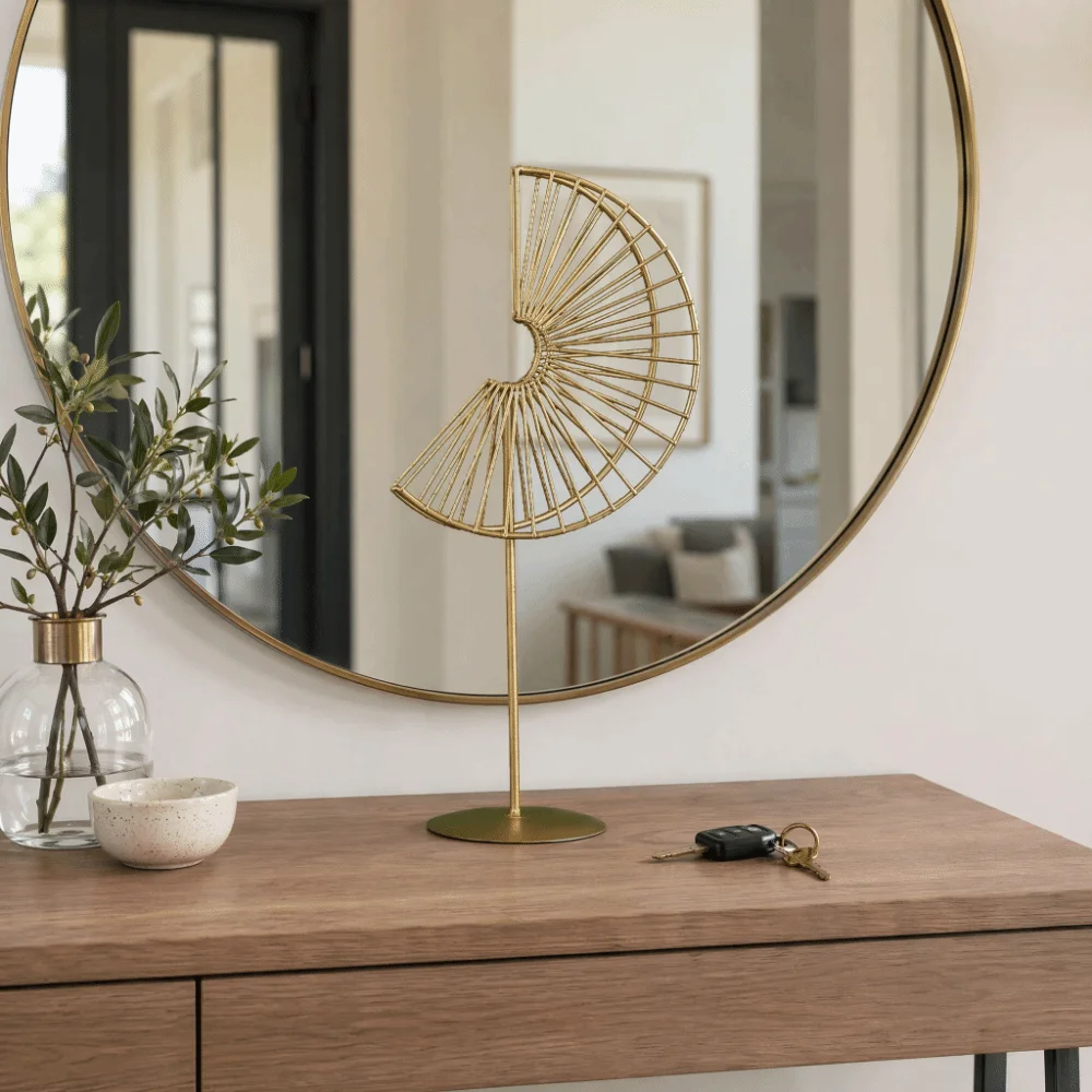 Iron Gold Metal Half Fan Tabletop Ornament Gold 5.19in Modern Style Metal Fan Shape Home Decoration Semicircle