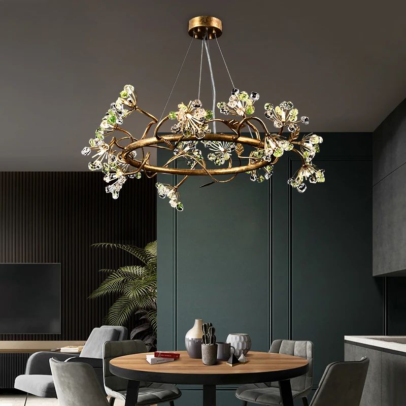 Modern Flower Fairy Ceiling Chandeliers All Copper Living Room Pendent Lamp Villa Crystal Light Home Decor Hanging Light Luster