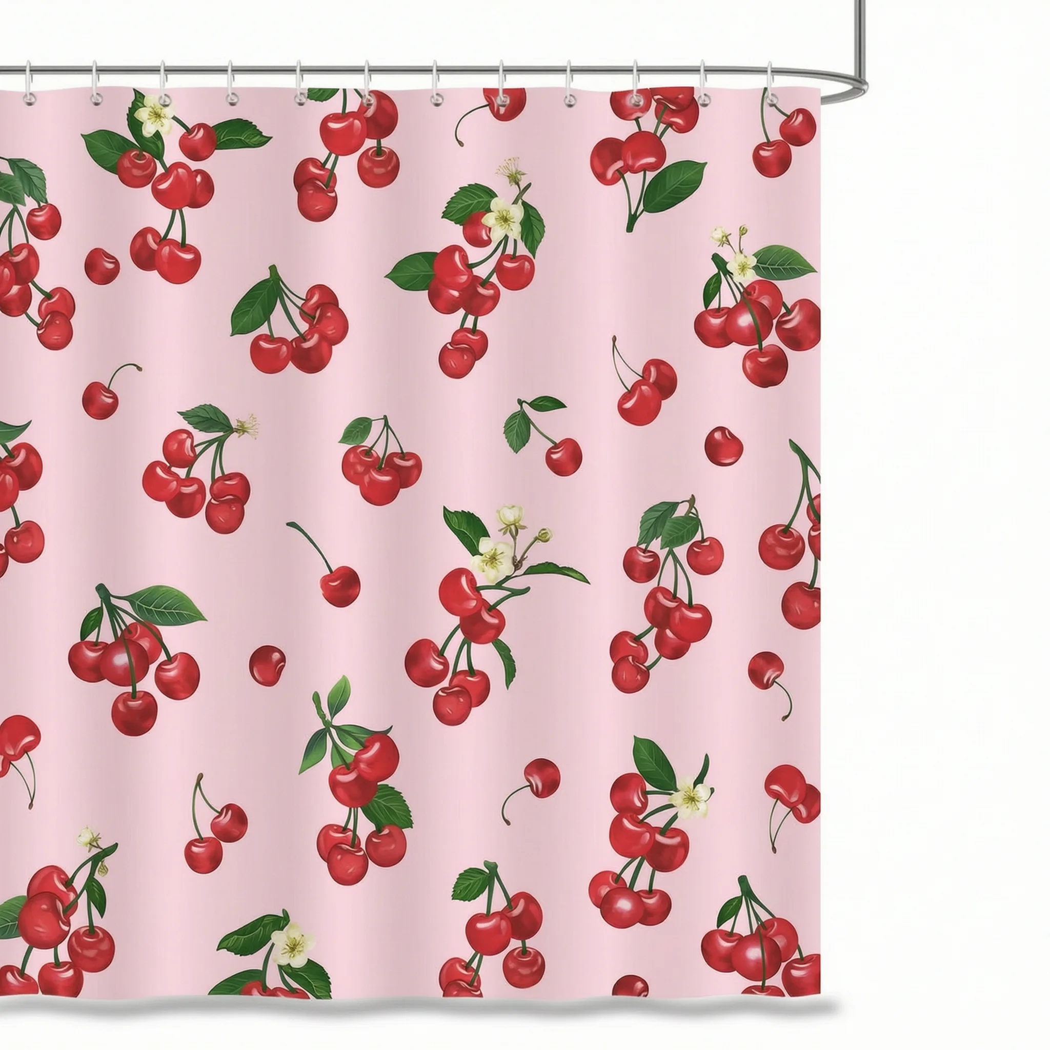 Pink Fruit Shower Curtain Cherry Flower Pattern Waterproof Polyester Fabric Vibrant Digital Print