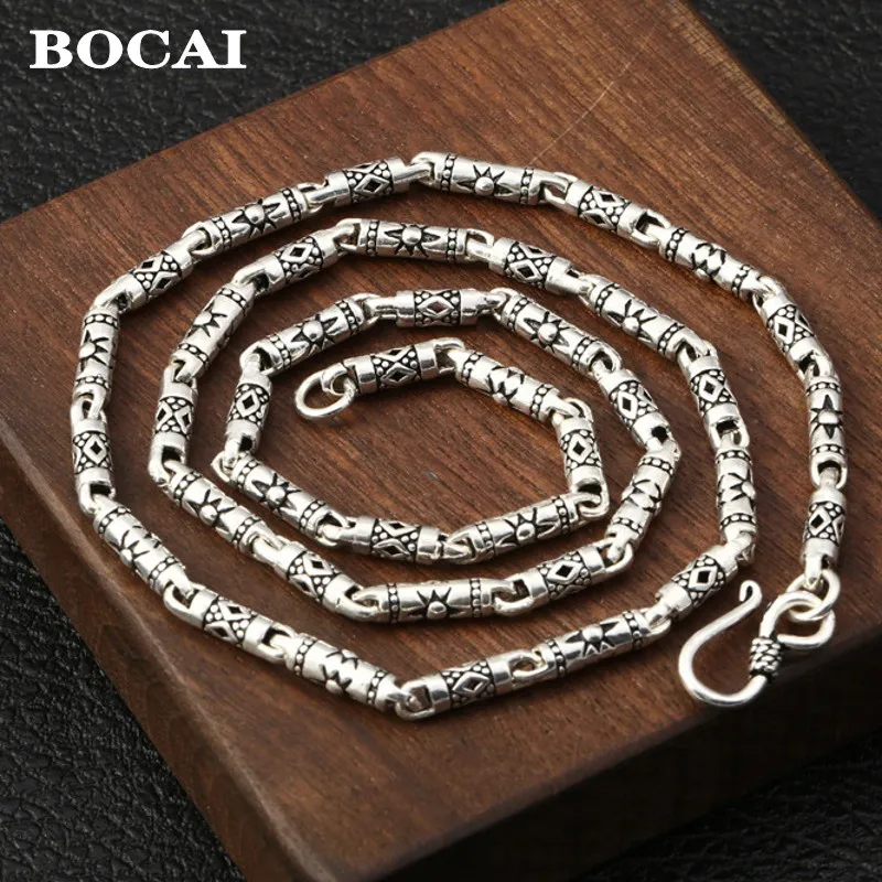 

BOCAI Real S925 Silver Jewelry 4mm Geometric Pattern Sun Ray Barrel Bead Men and Women Necklace Retro Ethnic Style Trendy Gi