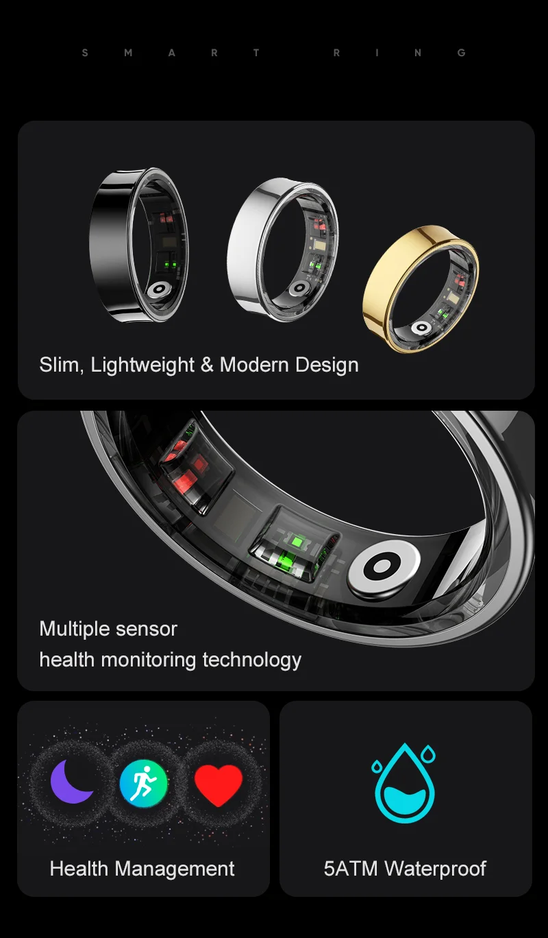 R09 Smart Ring Männer Frauen mit Lade Fall Herzfrequenz Blut Sauerstoff 5ATM Wasserdicht SmartRing Für Xiaomi Samsung Android IOS – Detail 2
