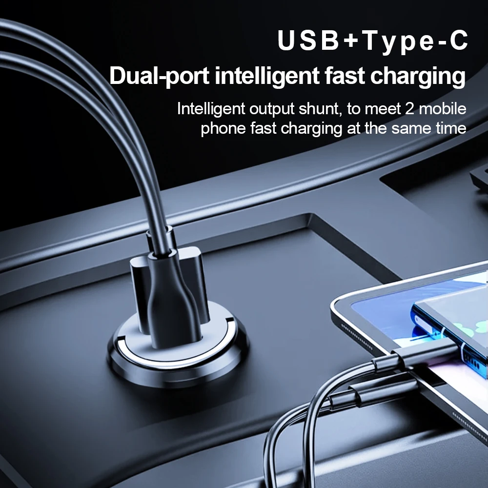 100W Mini Hidden Car Charger Metal Body With Pull Ring Dual Port USB‑A Type‑C Fast Charging Car Phone Adapter Cigarette Lighter