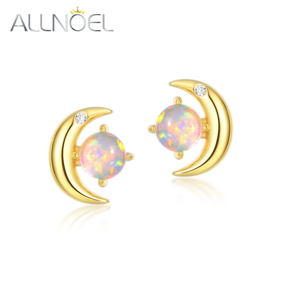 ALLNOEL Solid 925 Sterling Silver Stud Earrings for Women Crescent Moon Synthetic Opal Plated Gold Cute Gifts Fine Jewelry