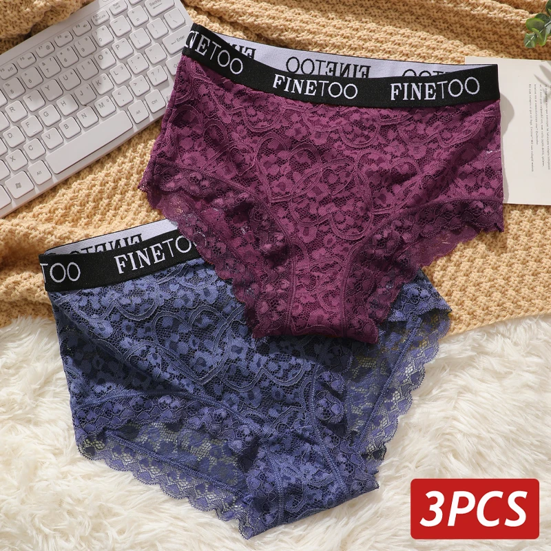 FINETOO Lot de 3 culottes taille haute en dentelle florale pour femme, sans couture, ajourées, respirantes, lingerie sexy, nouveauté