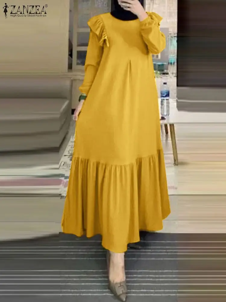 

ZANZEA Ramadan Abaya IsIamic Sundress Autumn Women Muslim Dress Vintage Solid Long Sleeve Robe Femme Turkey Dubai Hijab Vestidos