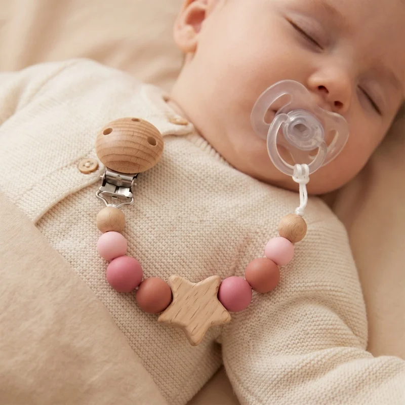 Personalized Engraved Baby Dummy Holder Custom Name & Font Natural Wood Silicone Teething Clip Shower Gift