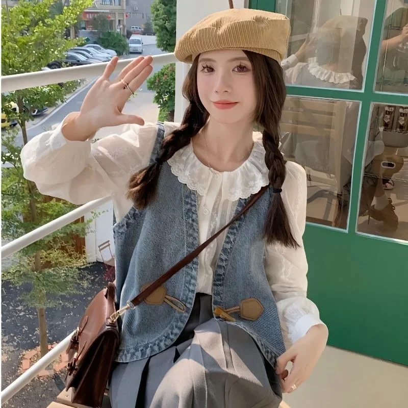 

Джинсовые жилеты женские винтажные весенние простые уличные костюмы для колледжа уютные милые пальто модная универсальная верхняя одежда без рукавов в консервативном стиле