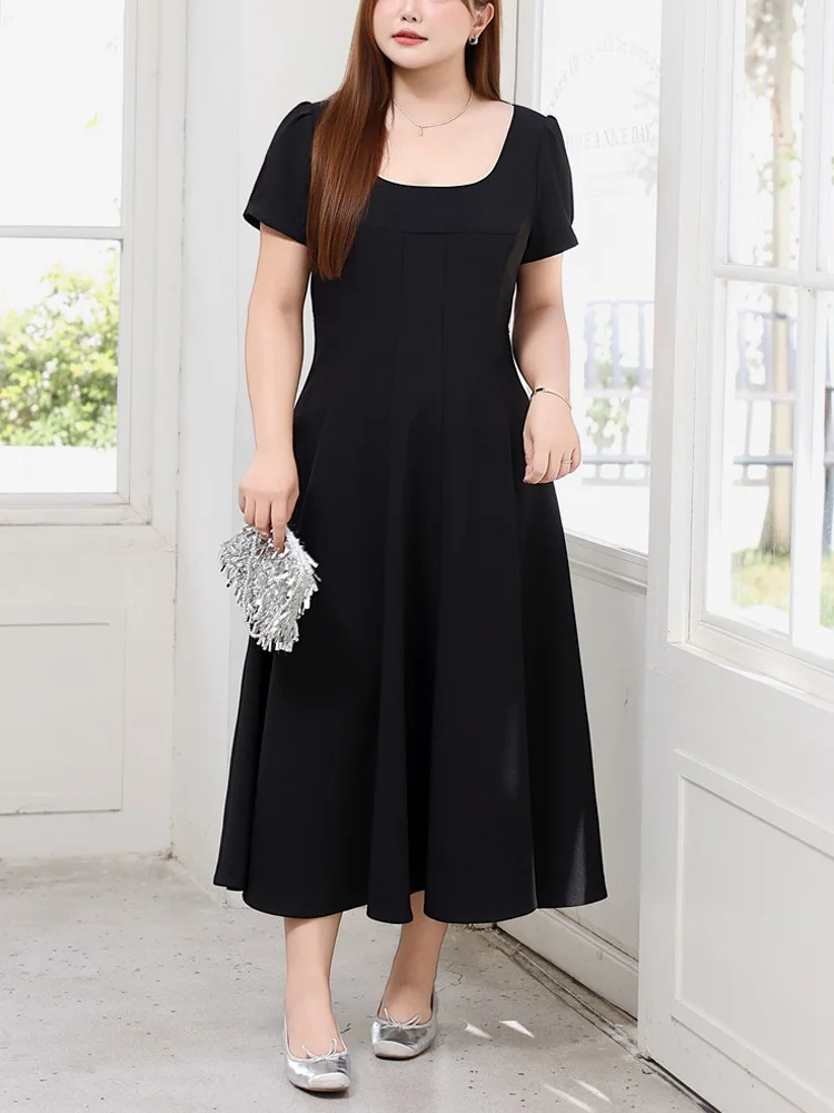 Vestido feminino plus size com gola quadrada, premium, vintage, elegante, emagrecimento, cintura, manga bufante, estilo preppy, acadêmico, chique, casual