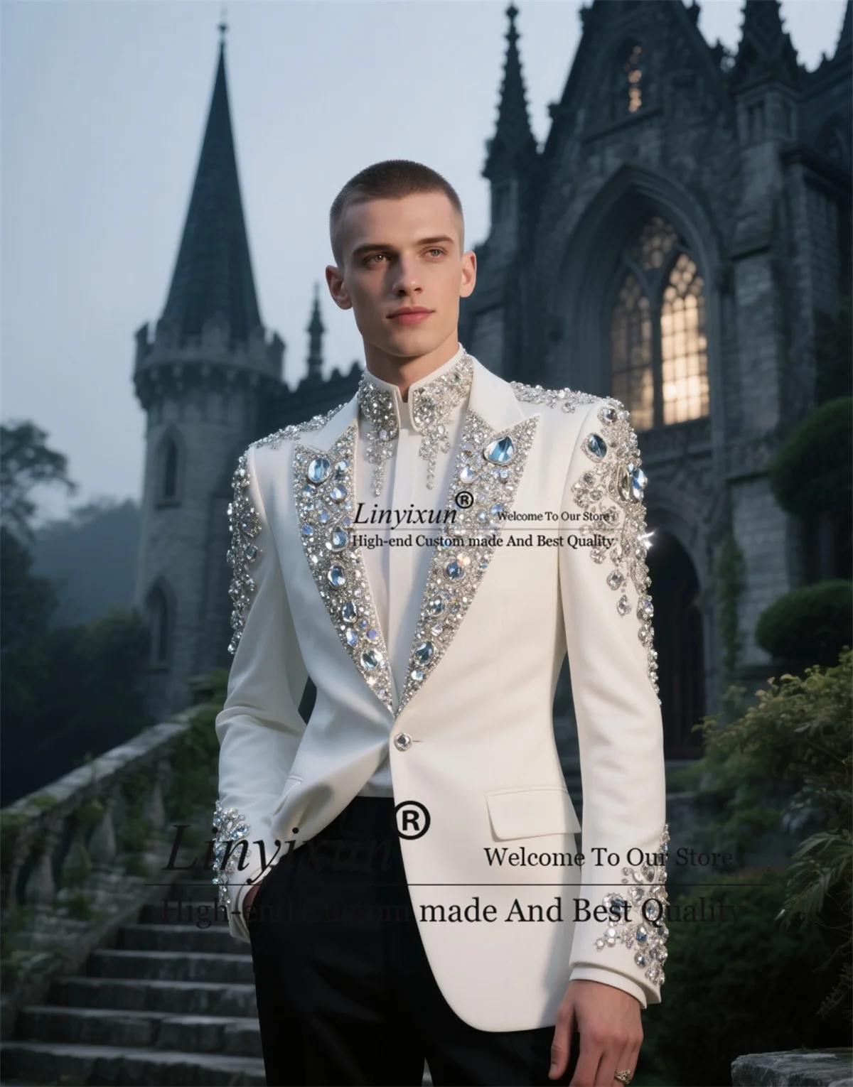 

High End Beaded Crystals Wedding Suits For Men 2 Piece Sets Groom Tuxedos Slim Fit Glitter Male Party Ropa Hombre Customized