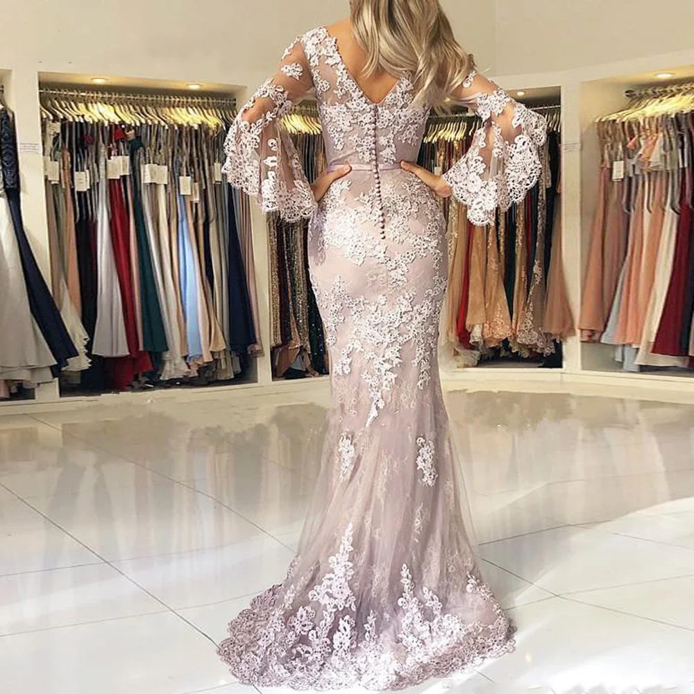 Kiss Dress Elegant V-neck Lace Mid Sleeve Formal Occasion Evening Gowns 2024 Mermaid Applique Beaded Open Back Prom Dresses