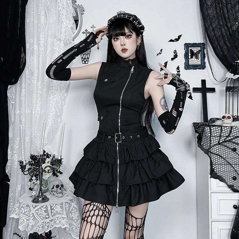 Kimutomo Y2kแขนกุดPunkผู้หญิงVINTAGE Harajukuคอซิปมินิเดรสฤดูร้อนRuffled Grunge Gothic PARTY