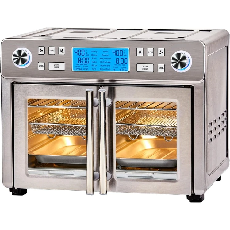 Dual Zone 360 luchtfriteuse-ovencombinatie met Franse deur, 25 QT extra grote kook twee voedsel in verschillende manieren, tot 60%