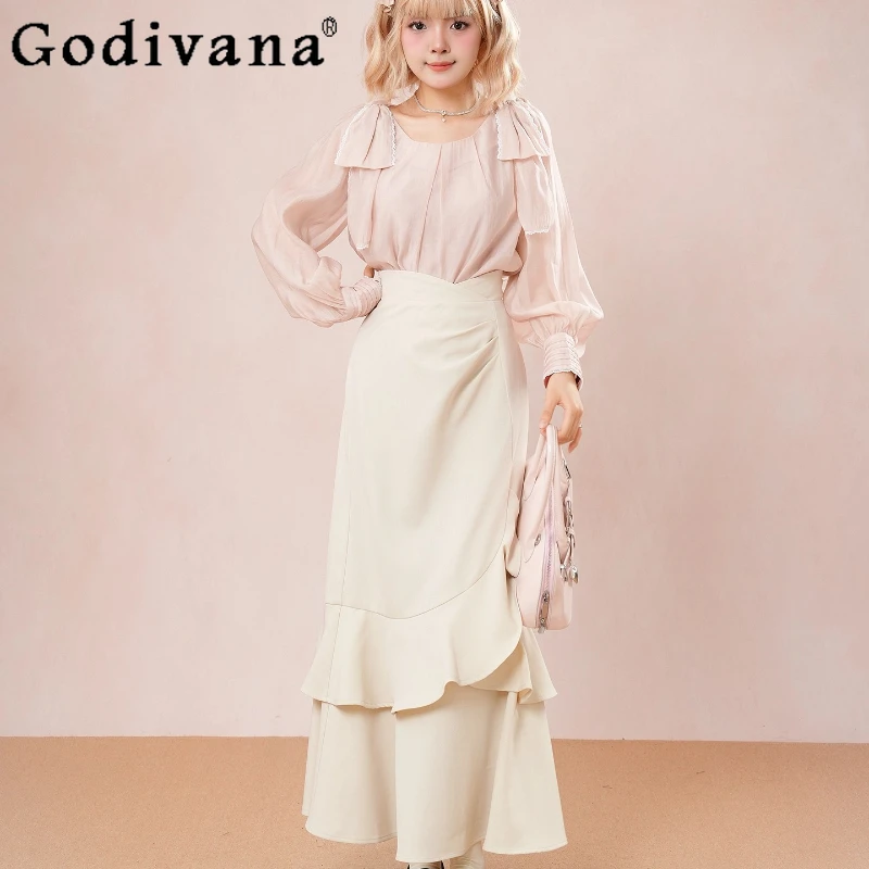 

Japanese Style Gentle Lolita Outfits Women Ruffled Shirt Irregular Patchwork Long Mermaid Skirt Female Two Pieces Skirt Set