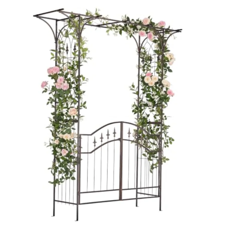 Garden Arbor: Metal Arch Trellis with Gate for Climbing Plants, Outdoor Use, 6.8ft Bronze Arch for Garden, Christmas, Wedding,