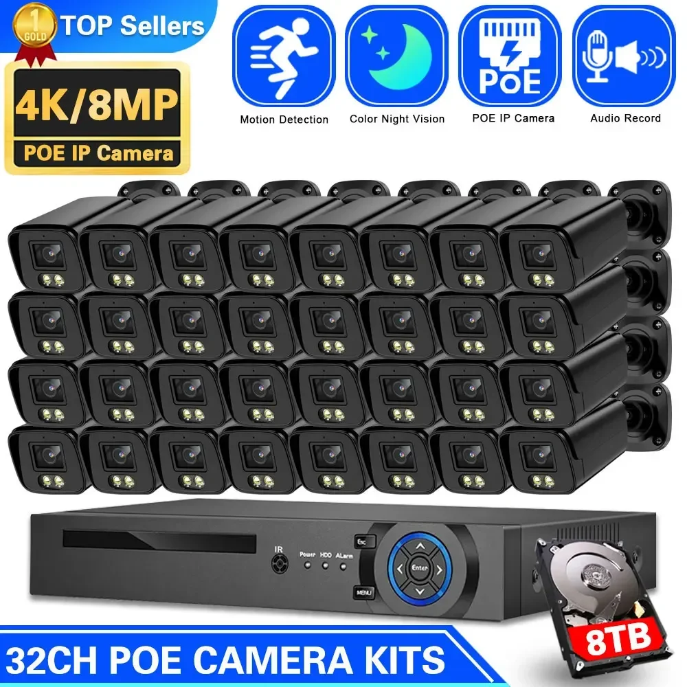 32CH POE IP Camera NVR Kit 4K 8MP CCTV System Metal Two-Way Audio Color Night Vision Security Surveillance CCTV Camera System