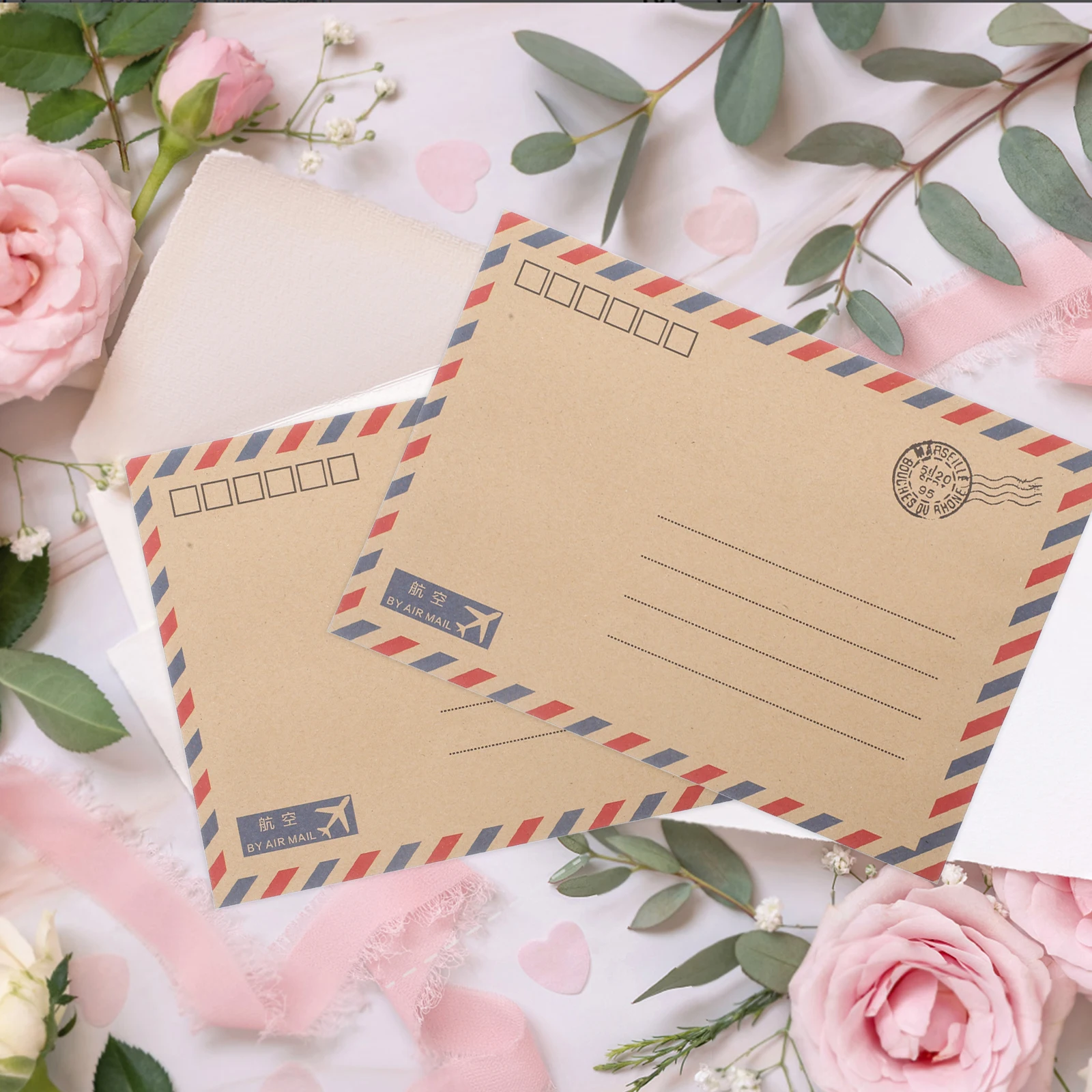 48 個ヴィンテージ封筒クラフト紙航空便文具セットカードはがき便箋結婚式招待状