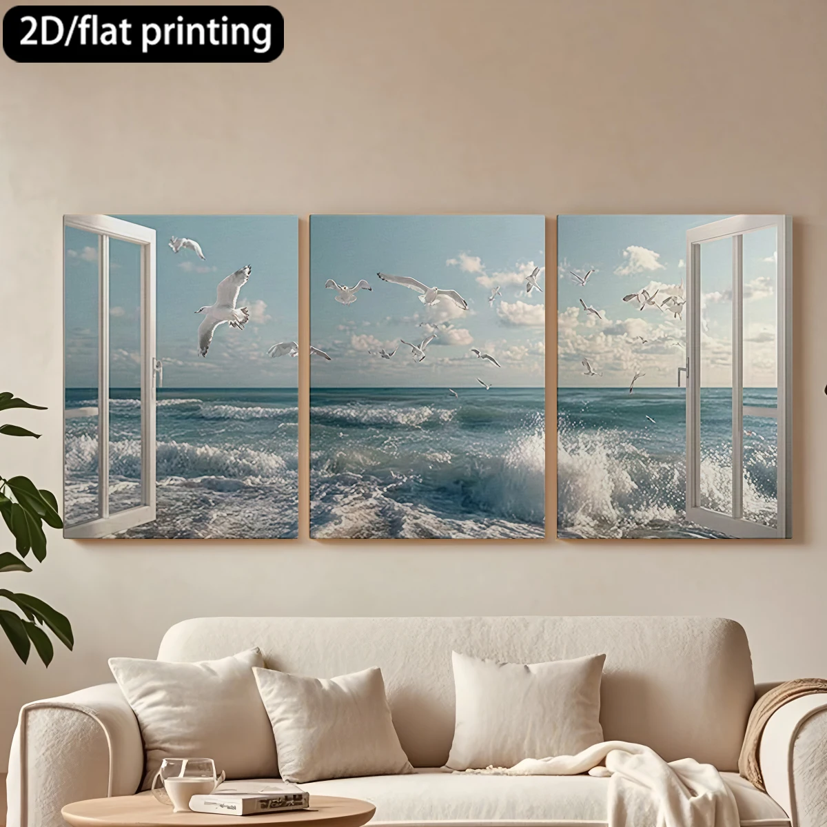 

2D flat printing 3pc wooden frame canvas decorative painting Open window, sea, seagulls, waves.Corridor bedroom decoration