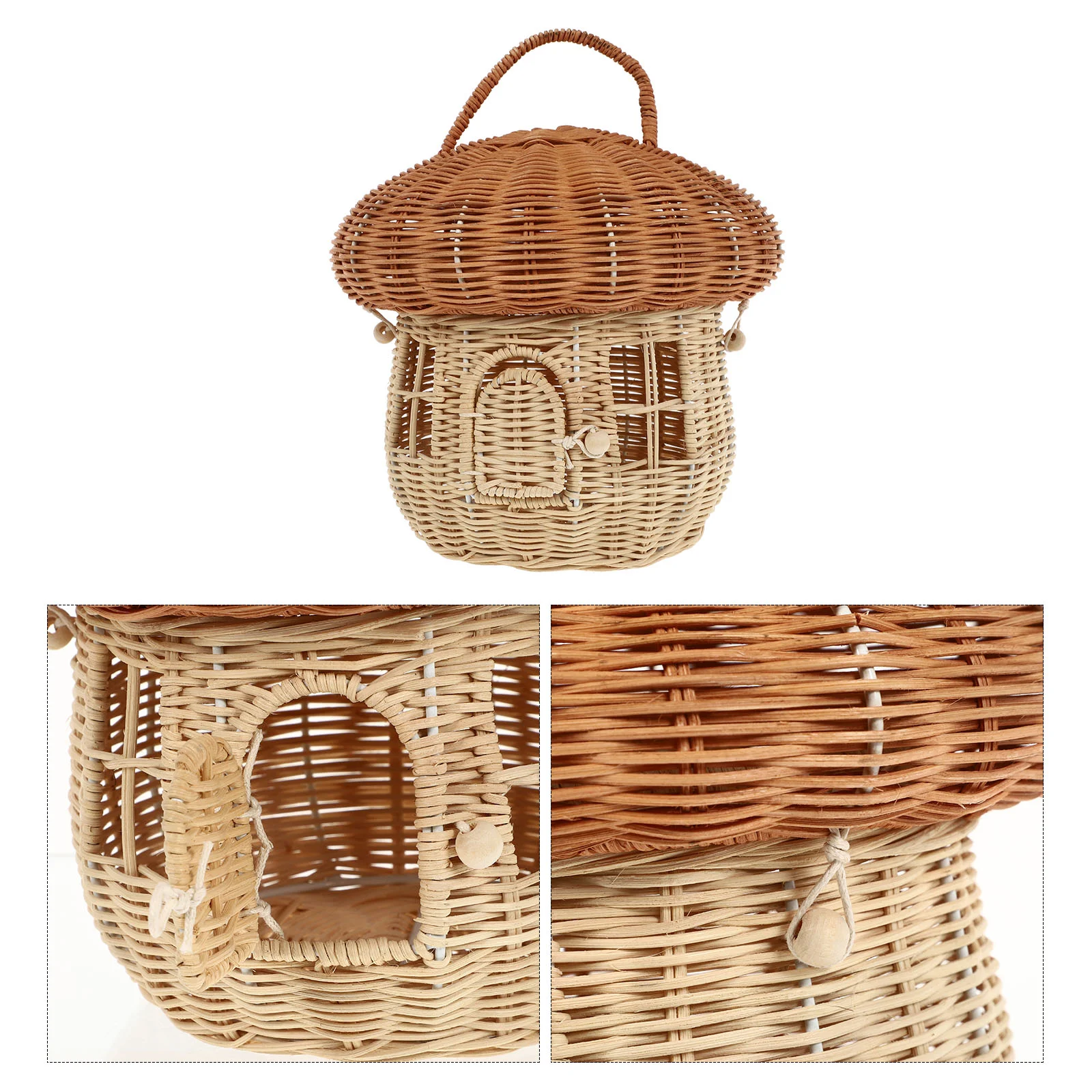 Rattan Mushroom Basket Woven Desktop Adornment Home Decor Gift Trash Can with Lid Practical Shape Wall Hanging Photo Prop Props