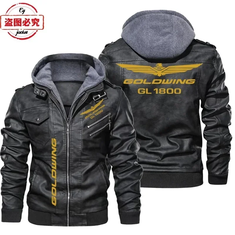 

European Size Golden Wing 1800 Motorcycle LOGO Retro Washed Pu Leather Jacket Windproof Men's Hooded Clip Pickup Team Suit