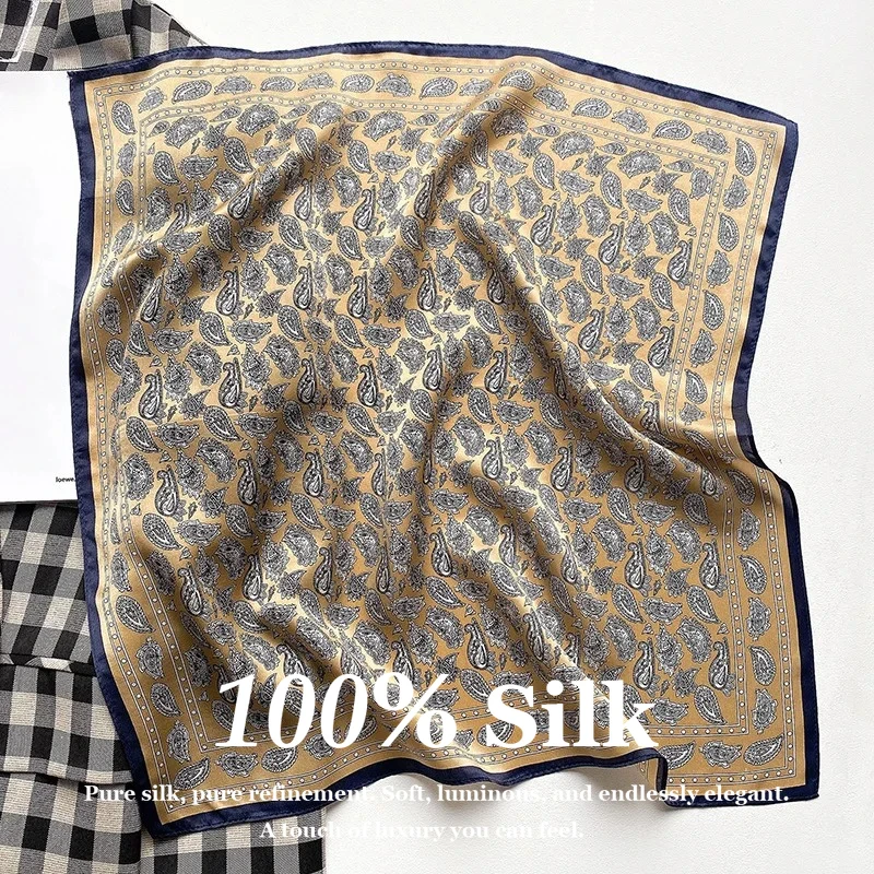 Lady 100% Real Silk Scarf Luxury Kerchief Spring Summer Paisley Print Neckerchief Hijab Handbag Decorate Pashmina Poncho Bandana