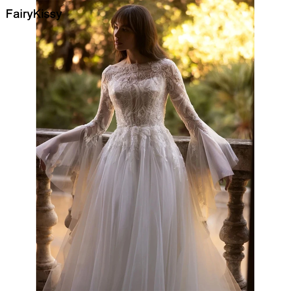 

FairyKissy Vintage Boat Neck Flare Sleeve Wedding Dress Glitter Beads Bride Robe Elegant A-line Long Bridal Gown Robe De Mariée
