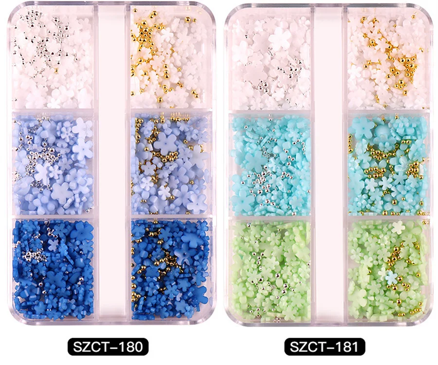 6Grids Nail Art Decorations Korean Small Flower Nail Charms 3D Mini Resin Rhinestones Nail Kawaii Accessories DIY Nail Supplies