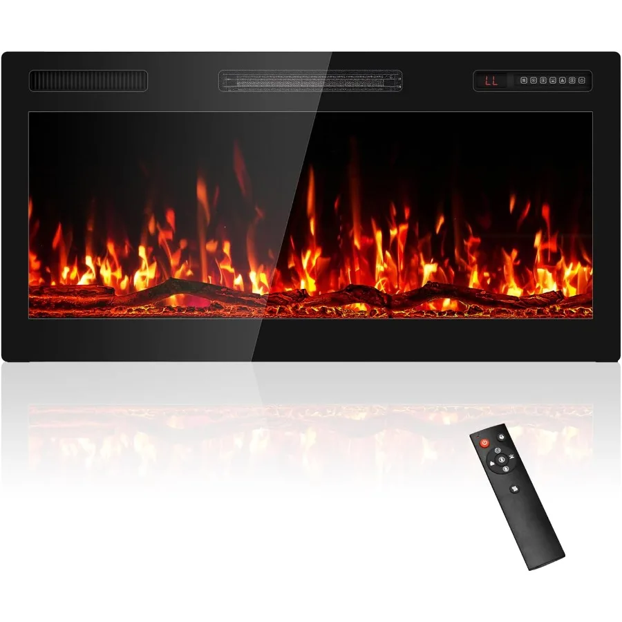 

36 Electric Fireplace Recessed Wall Mounted Wide Screen Ultra Narrow Bezel Frame HD Flame Effect Logs Fuel Bed Modern Fire Plac