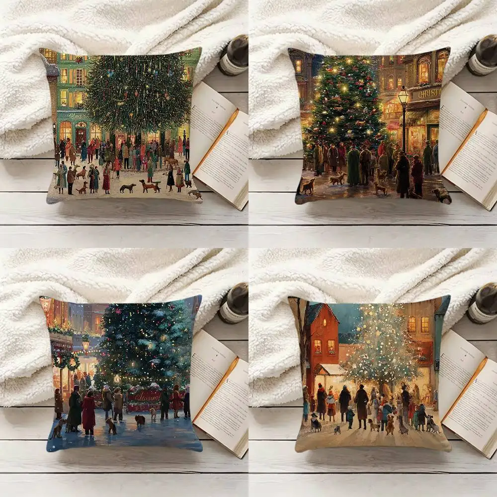 Colorful Christmas Art Town Pillow Cover Sofa Cushion Cover Home Room Decoration Children Gift
