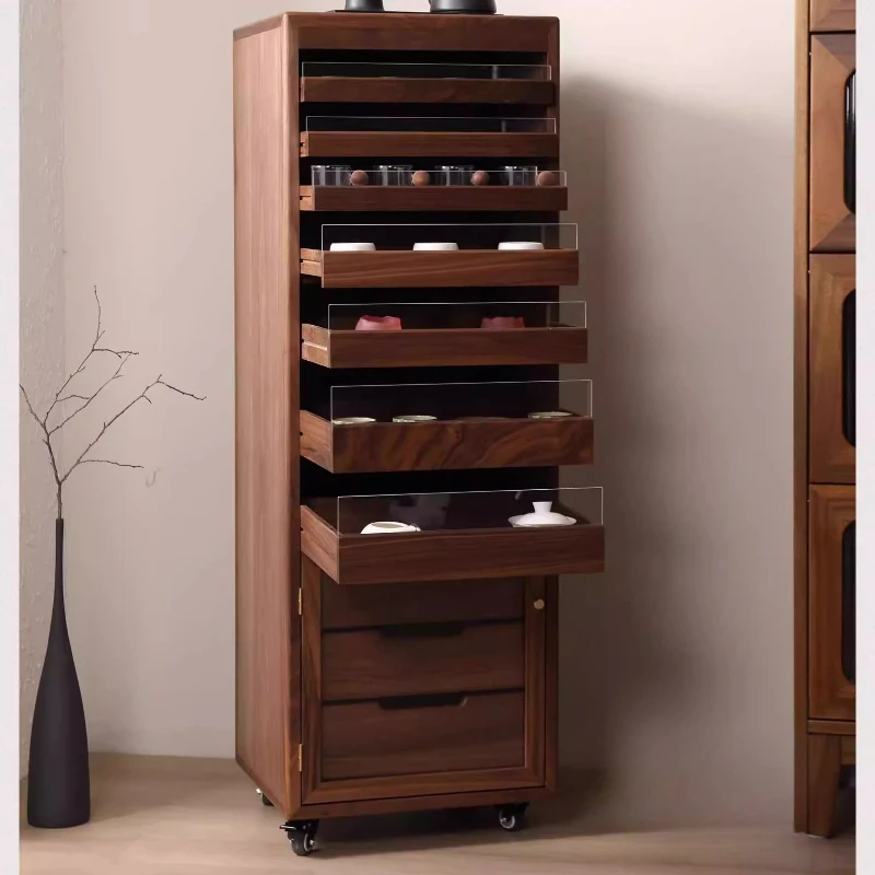 Black walnut solid wood Wenwan tea set shelf jewelry tea bowl storage cabinet