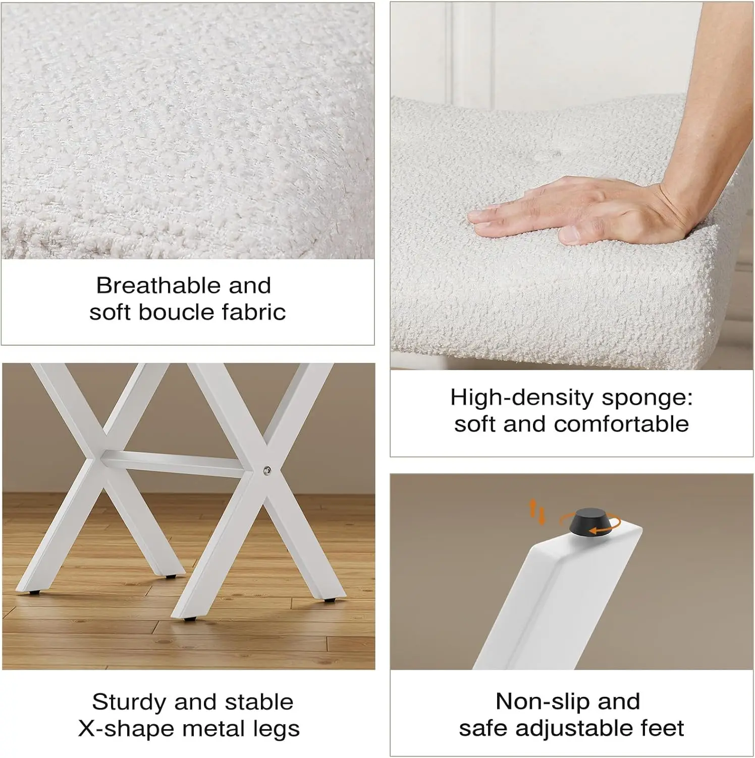 Banco grande de vaidade de 18 polegadas com pernas em X de metal, assento de tecido macio Boucle em branco