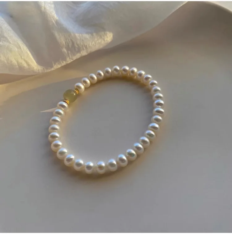 High Quality Near Round Natural Freshwater Pearl & Hotan Jade Female Beads Chain Bracelet Jewelry For Women Birthday Gifts