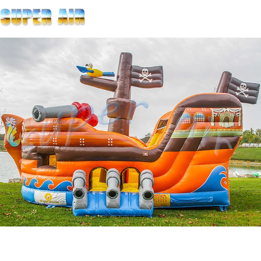 Commercial children playground orange inflatable pirate ship with blower for children playground