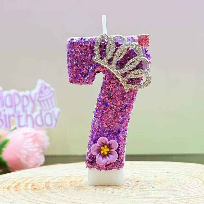 Princess Water Diamond Crown Purple Sparkling Candleflower Digital Birthday Cake Top Cover Party Supplies