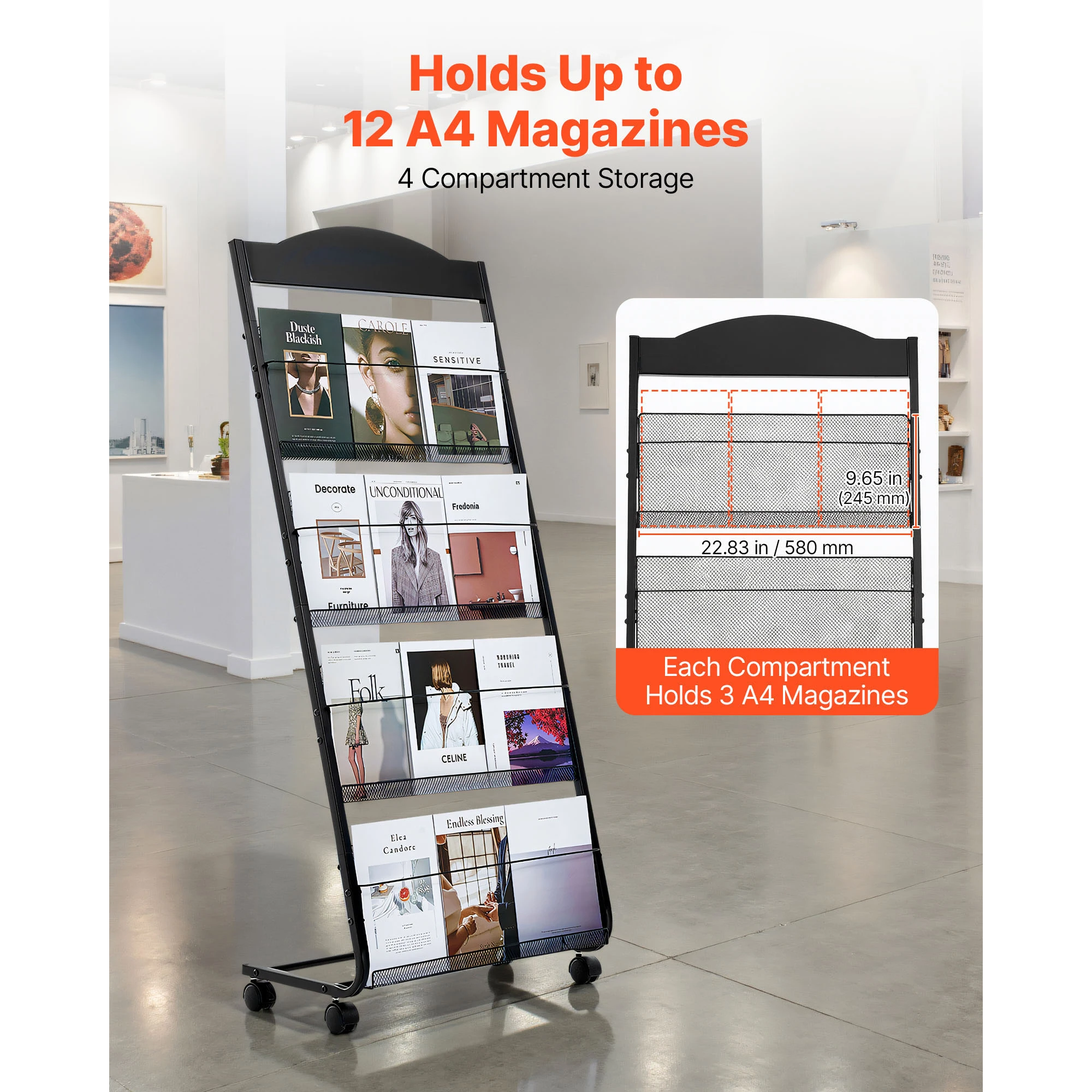 SucceBuy Brochure Display Rack Magazine Literature Display Stand Movable Floor Standing Magazine Rack Newspaper Catalog Holders