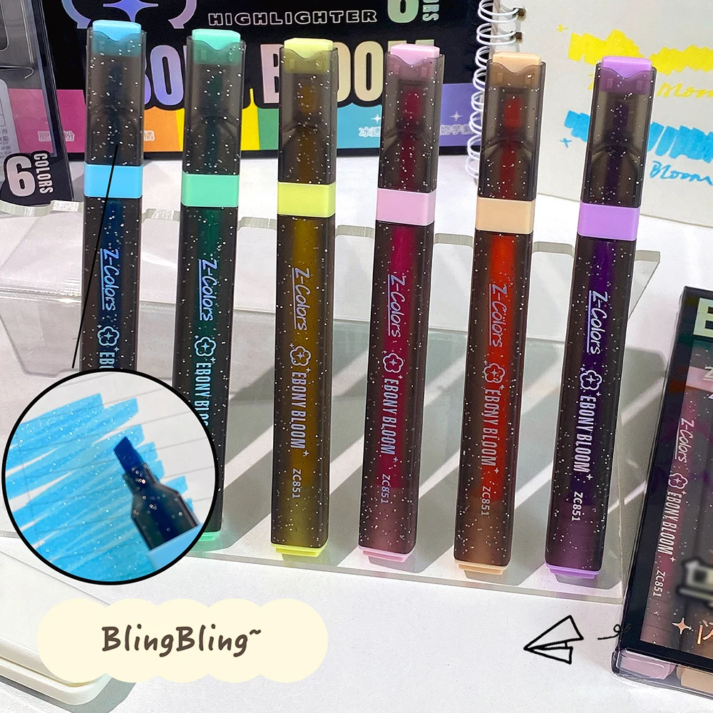 

6-color set of glitter highlighter pens for students, simple style with bright light and key marking pen, hand account pen