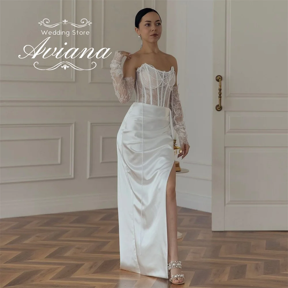 아비아나 맞춤형 스트랩리스 레이스 자수 머메이드 웨딩드레스 하이 슬릿 슬리브리스 러플 진주 비딩 스트레인 보트넥